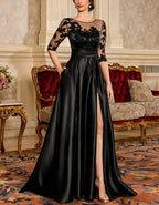 Black Illusion Lace 3/4 Sleeve High Slit Pocket Satin A-Line Maxi Dress