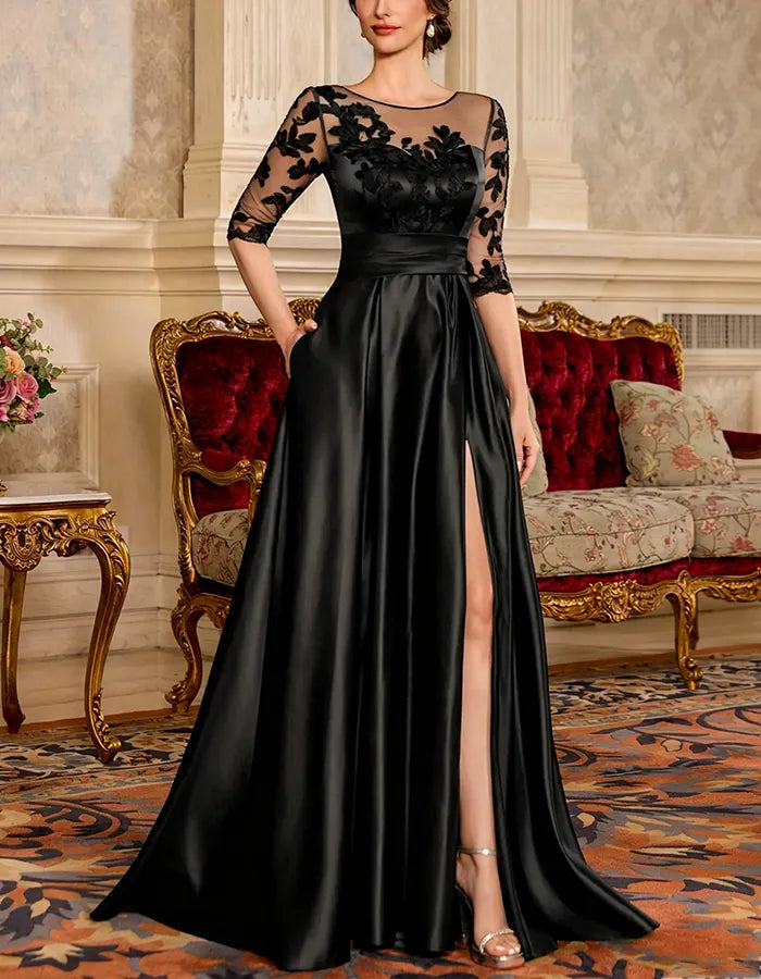 Black Illusion Lace 3/4 Sleeve High Slit Pocket Satin A-Line Maxi Dress