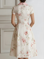Floral Lapel Short Sleeve Midi Dress With Tailored Waist