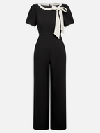 Women Black Bow Tie Neck Short Sleeve Dressy Jumpsuit