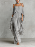Women's Grey Breathable Chiffon Set With Cold-Shoulder Detail & Flared Silhouette, Contemporary Luxury-Feminine Style Set MDZ2651B6I