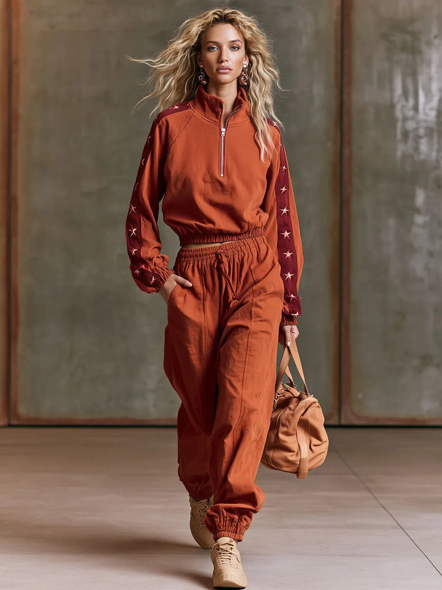 Casual Sporty Retro Five-Pointed Star Brick Red Pure Cotton Sweatshirt And Pants Set
