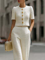 Tweed Cropped Short-Sleeve Jacket & High-Waisted Wide-Leg Pants Two-Piece Set