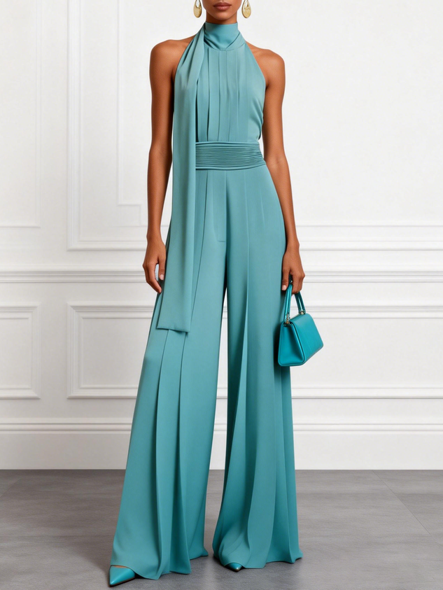 Women Cyan Ruched Halter Mock Neck Sleeveless Dressy Jumpsuit