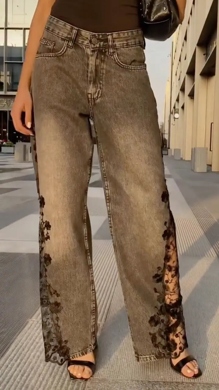Vintage Washed Grey Floral Lace Slit Wide-Leg Jeans