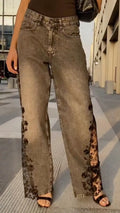 Vintage Washed Grey Floral Lace Slit Wide-Leg Jeans