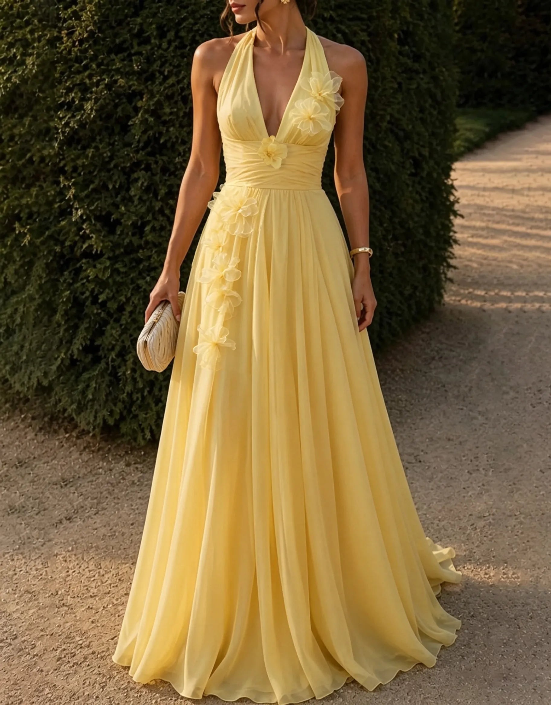 Pale Yellow Halter 3D Floral Chiffon A-Line Maxi Formal Dress