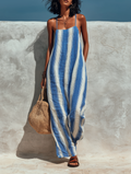 Women's Minimalist Vacation-style Striped Printed Suspender Jumpsuit MDZ1085B0Y