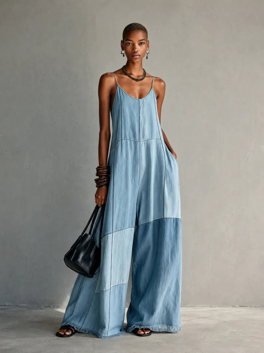 Denim Patchwork Wide Leg Spaghetti Strap Jumpsuit