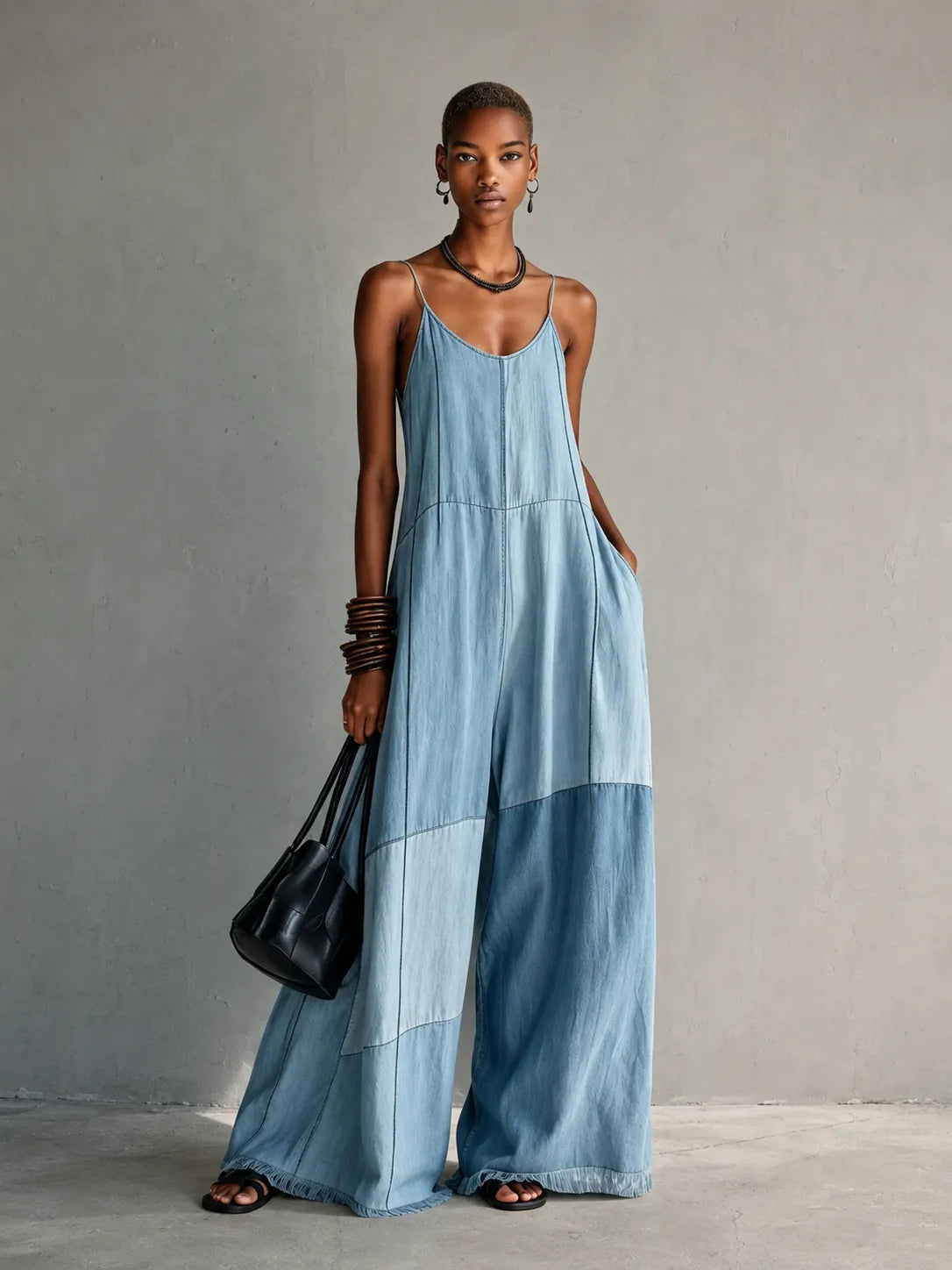 Denim Patchwork Wide Leg Spaghetti Strap Jumpsuit