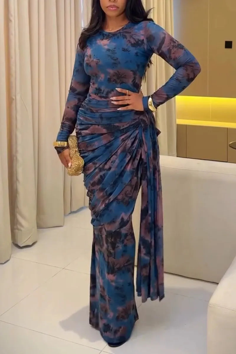 Women Round Neck Printed Waist Cinching Elegant Temperament Dress