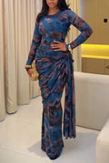 Women Round Neck Printed Waist Cinching Elegant Temperament Dress