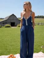 Retro-style Casual Color-blocked Blue Cotton Linen Vest And Pants Set