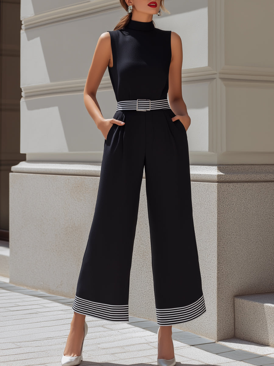 High-Neck Contrast Stripe Belted Wide-Leg Jumpsuit