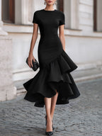 Asymmetrical Ruffle Hem Tailored Midi Dress