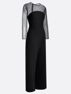 Women Black Mesh Crew Neck Long Sleeve Dressy Jumpsuit