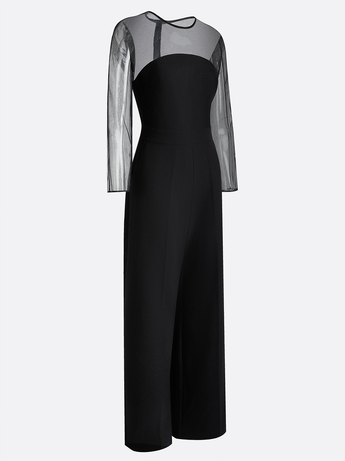 Women Black Mesh Crew Neck Long Sleeve Dressy Jumpsuit