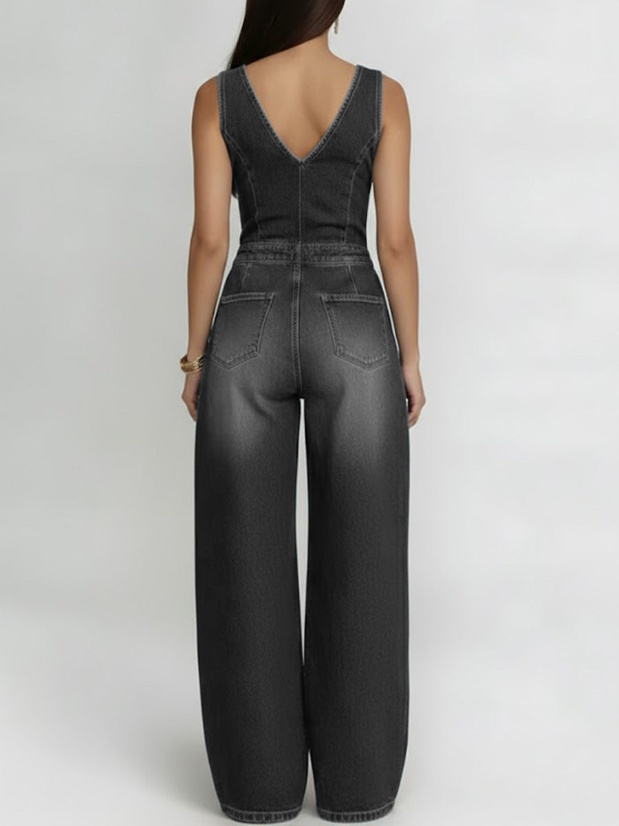 Women's V-neck Sleeveless Casual Loose Denim Wide-leg Jumpsuit