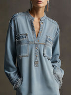 Casual Retro Light Blue Denim Frayed Long-sleeved Mini Dress
