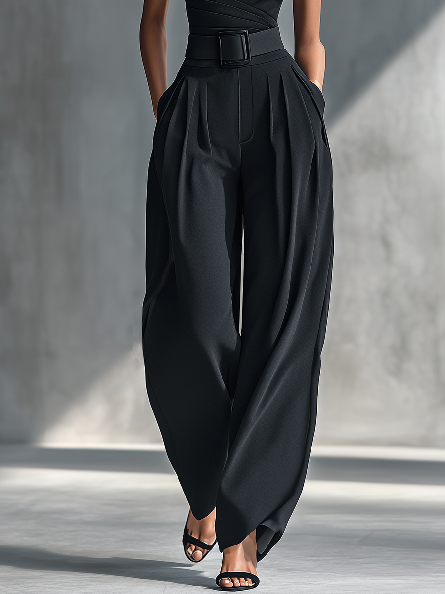 Women's Black High-elastic Knit Top And Acetate Wide-leg Pants MDZ1068B3T