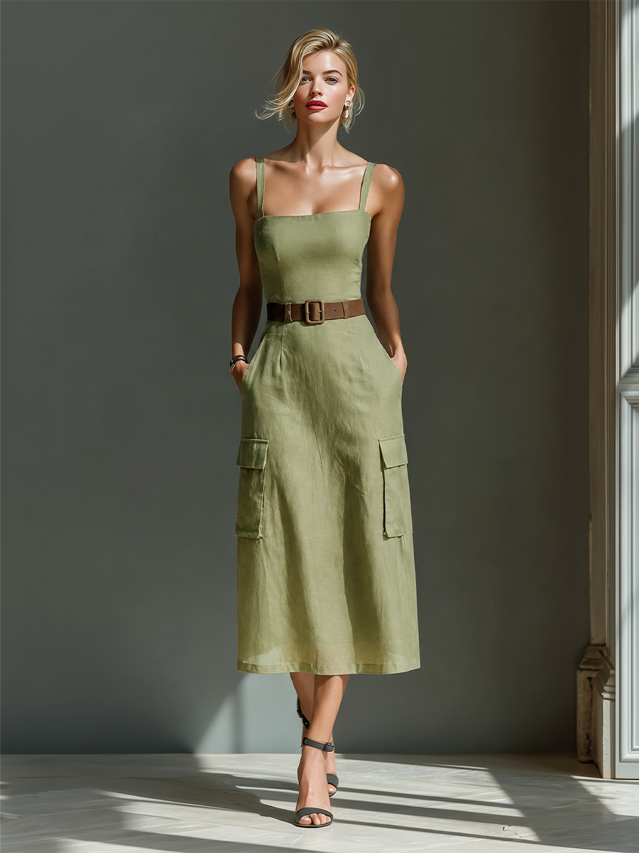 Women's Olive Green Linen Fabric Sleeveless Midi Dress With Cargo Pockets & Belted Waist MDZ2753A1T