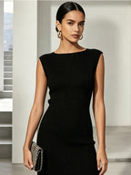 Boat Neck Black Lace Applique Knit Maxi Dress