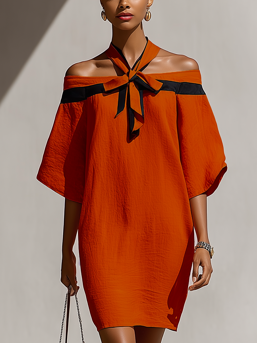Women’s Orange Off-Shoulder Mini Dress With Black Bow Neck Detail MDZ1340E3T