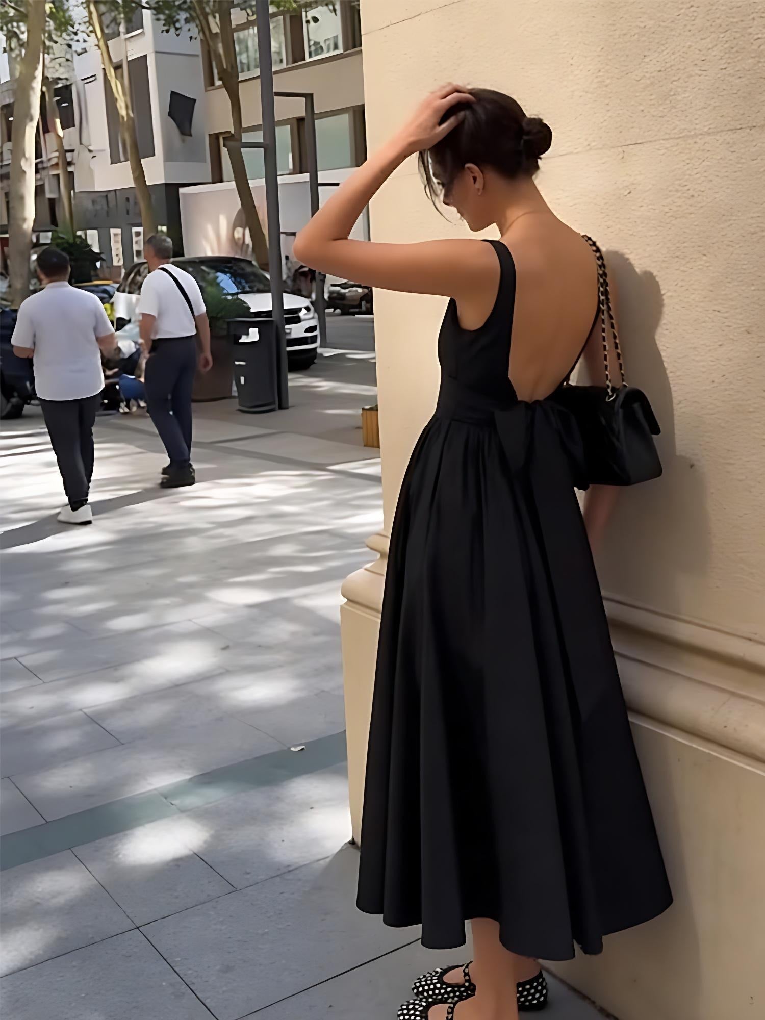 Black Square Neck Back Bow Midi Dress