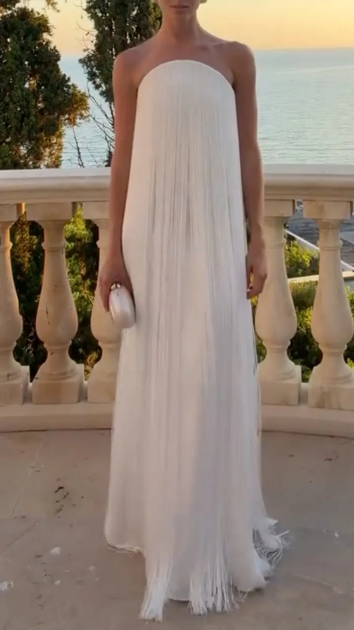 Strapless Fringe Maxi Evening Gown