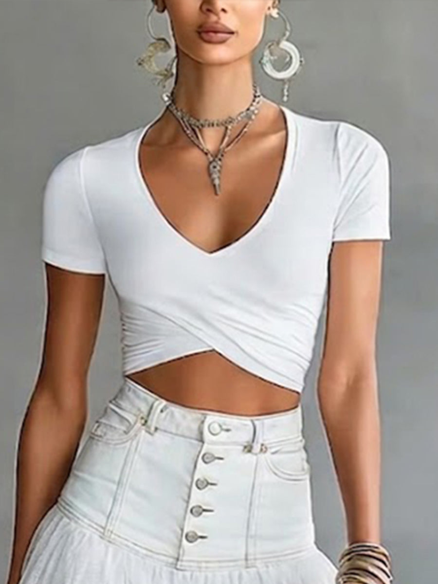 Casual & Comfortable Stretchy Knit Cropped T-shirt