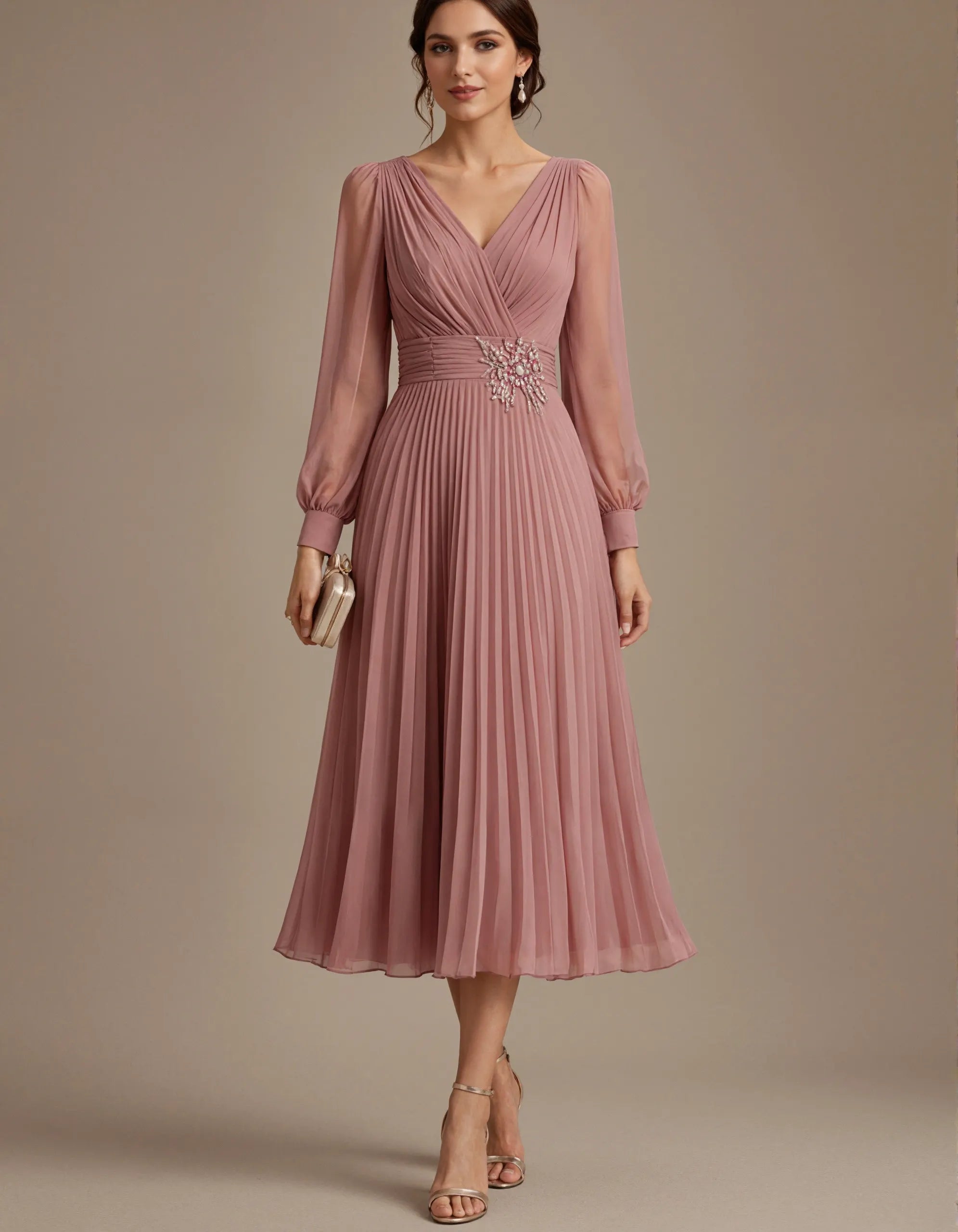 Grayish Pink Chiffon V-neck Long Sleeve Midi Dress