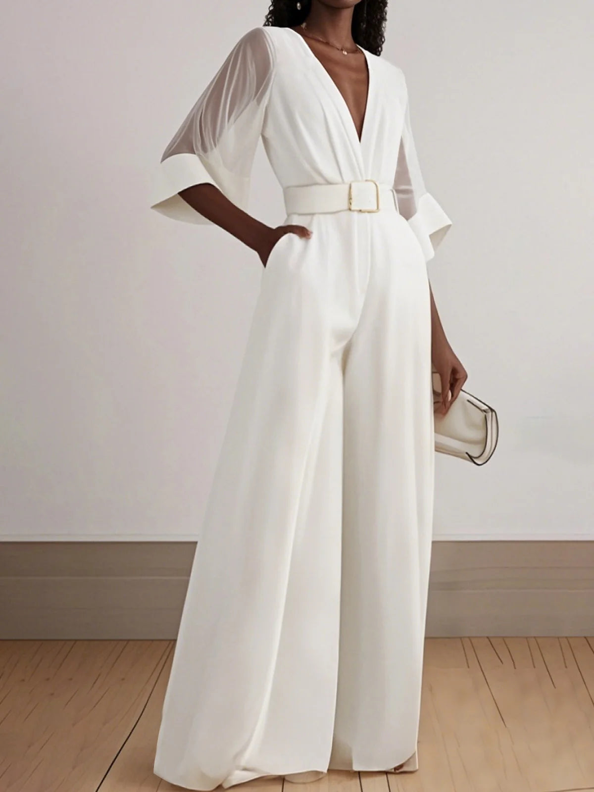 White Mesh V Neck Half Sleeve Plain Wide-Leg Jumpsuit With Belt With Pockets
