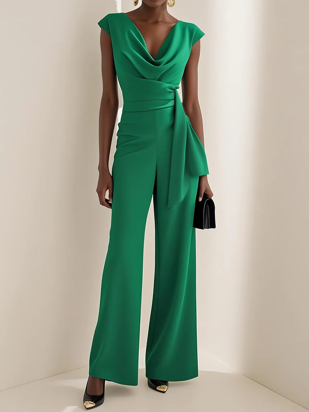 Women Green Ruched Cowl Neck Cap Sleeve Dressy Jumpsuit
