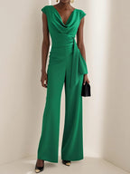 Women Green Ruched Cowl Neck Cap Sleeve Dressy Jumpsuit