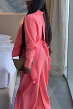 Women Collar Side Slit Shirt + Wide Leg Pants Casual Set