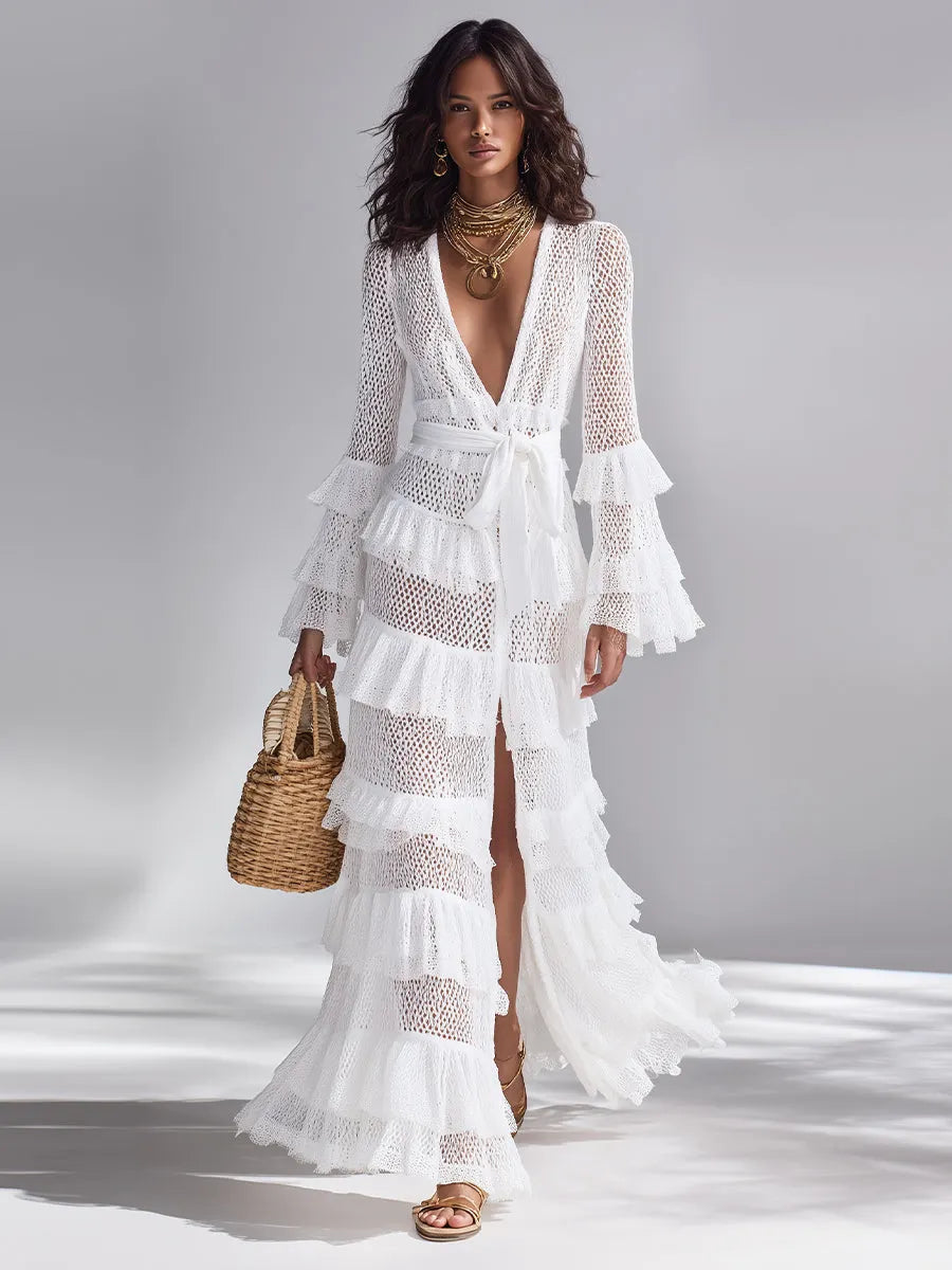 Women's Crisp White Crochet Knit Cardigan With Deep V-Neck & Layered Ruffles, Timeless Bohemian-Glam Style Cardigan MDA2372L3I