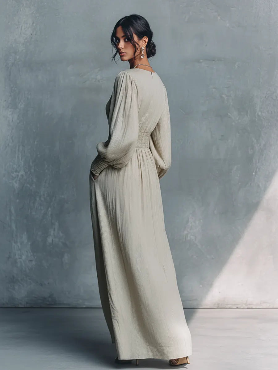 Women's Beige Cotton Linen Striped V-Neck Shirred Waist Maxi Dress MDZ0361C4BA