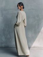 Women's Beige Cotton Linen Striped V-Neck Shirred Waist Maxi Dress MDZ0361C4BA