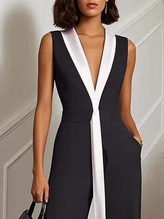 Women Black V Neck Sleeveless Dressy Jumpsuit
