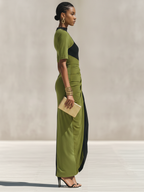 Women's Black & Olive Green Color-Block Jersey Maxi Dress With High Neck & Waist Ruched Detail, Elegant Bodycon Evening Dress MDZ0948F9LYL