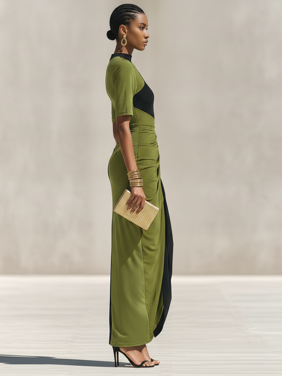 Women's Black & Olive Green Color-Block Jersey Maxi Dress With High Neck & Waist Ruched Detail, Elegant Bodycon Evening Dress MDZ0948F9LYL