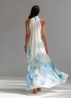 Women's Elegant White Printed Chiffon Halter-Neck Sleeveless Maxi Dress MDZ1415D5LXY