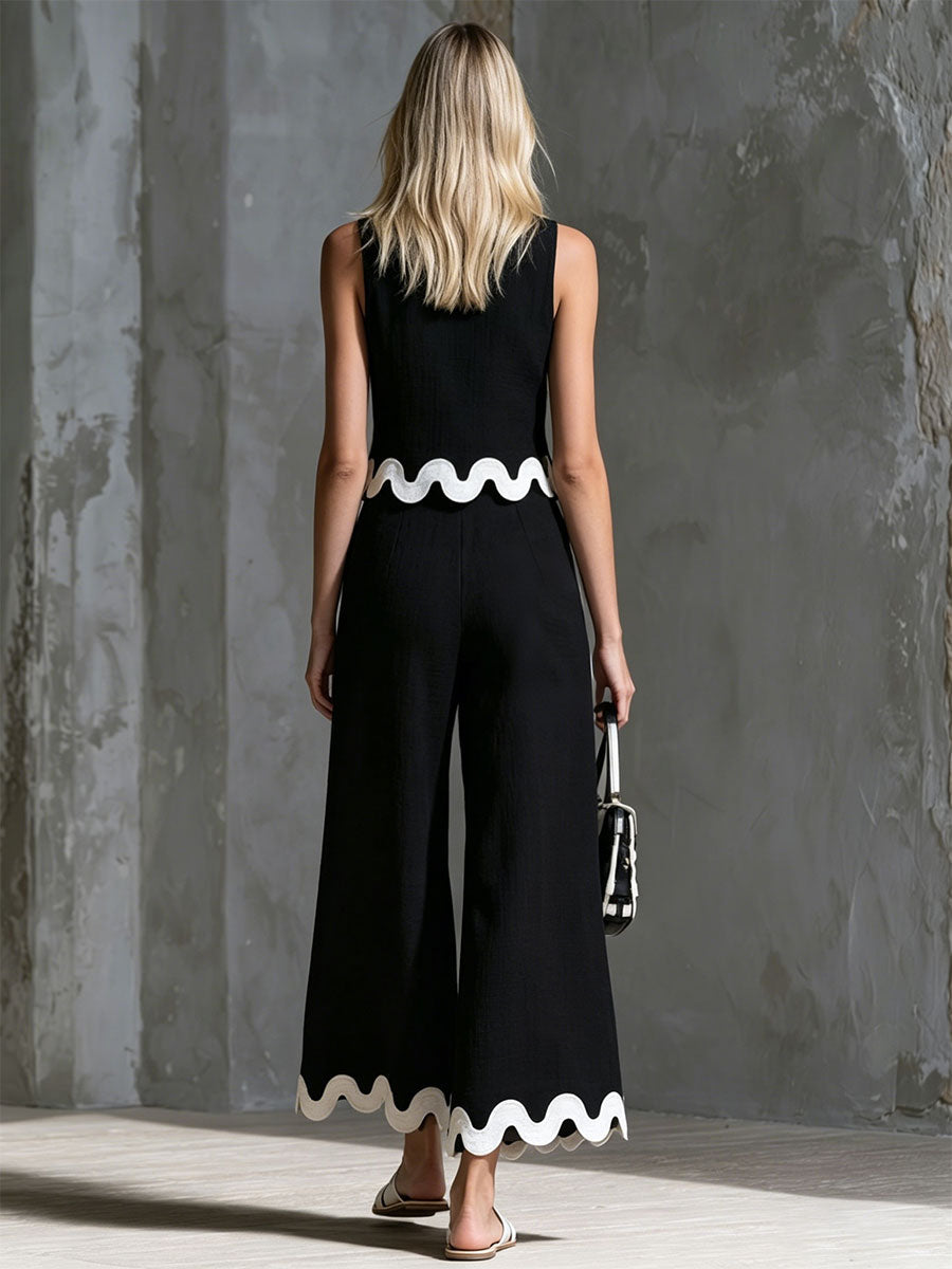 Retro Color-blocked Wavy-trimmed Black Sleeveless Cotton-linen Top And Pants Set