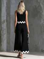 Retro Color-blocked Wavy-trimmed Black Sleeveless Cotton-linen Top And Pants Set
