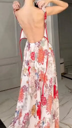 White Base Red Floral Halter Corset Maxi Gown