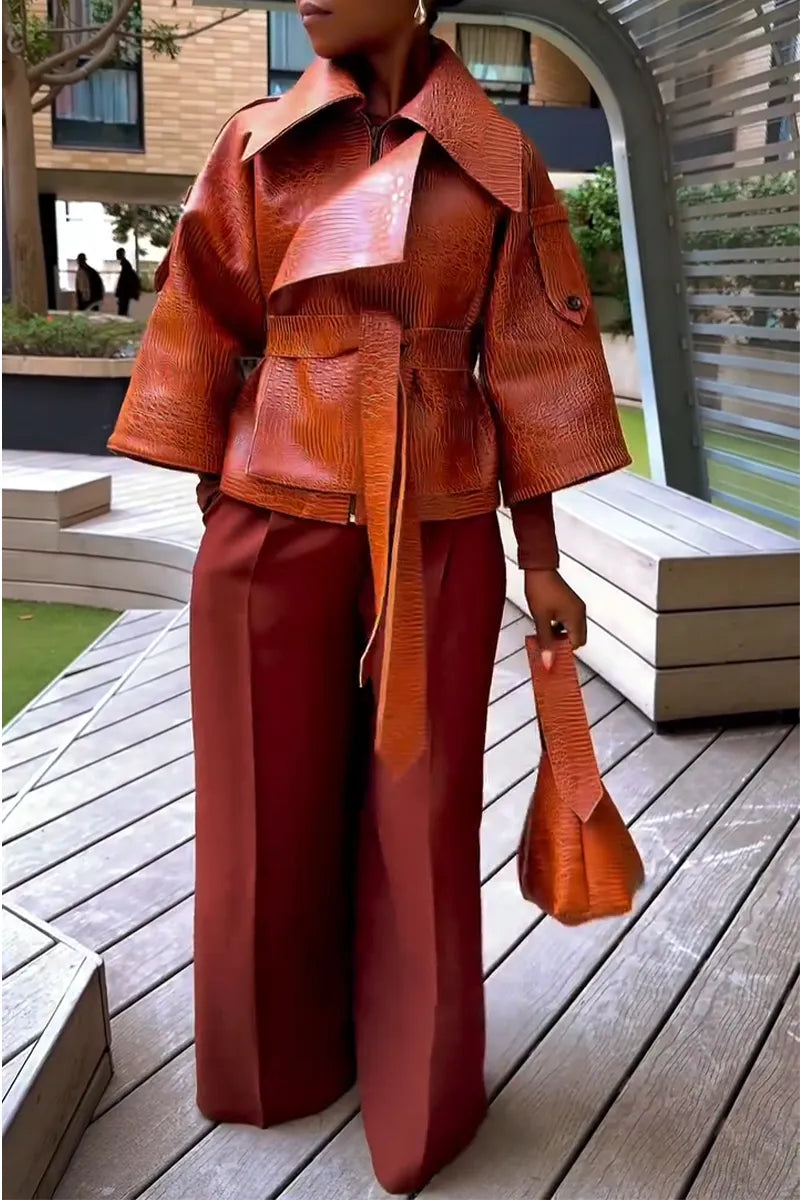 Women Collar Leather Jacket or Wide Leg Pants Casual Suit with Temperament