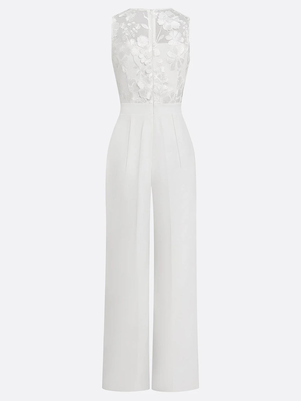 Women White 3D Floral Crew Neck Sleeveless Elegant Jumpsuit