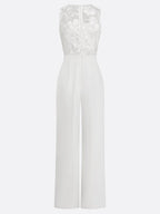 Women White 3D Floral Crew Neck Sleeveless Elegant Jumpsuit