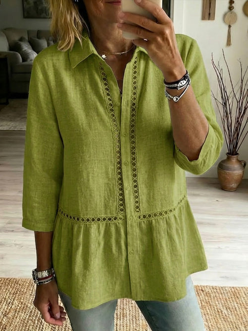 Casual Patchwork Openwork Webbing Linen And Cotton Shirt