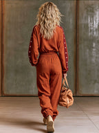 Casual Sporty Retro Five-Pointed Star Brick Red Pure Cotton Sweatshirt And Pants Set